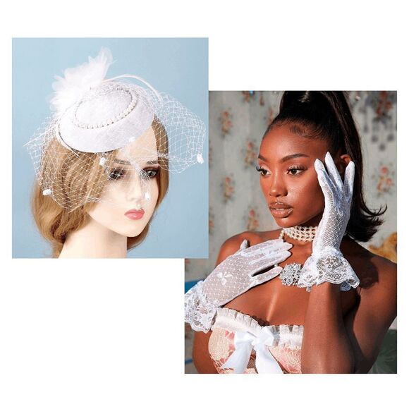 2PCS Pinup Retro Vintage Classy 1950s White Hat Gloves Accessories Set NEW - Picture 1 of 16